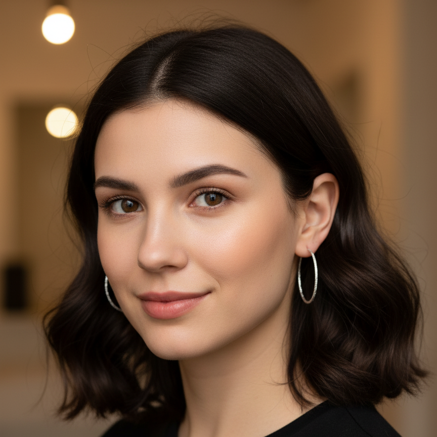Woman wearing 40mm sterling silver twisted rope hoop earrings with natural makeup and loose hair