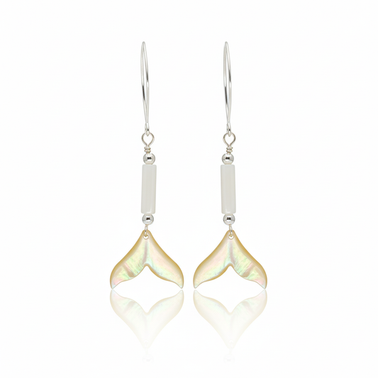 Whale tail shell dangle earring with natural carving and 925 sterling silver marquise V-wire