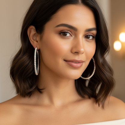 Woman with wavey hair wearing woven 50mm hoops