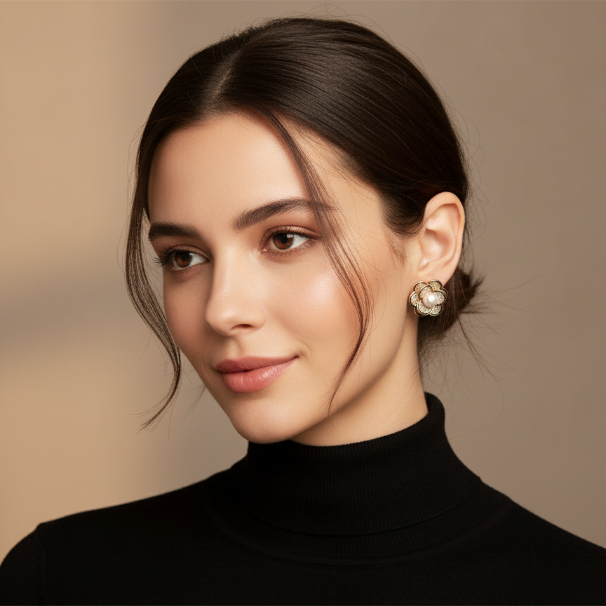 Woman wearing pearl flower earrings with wavy hair and neutral makeup