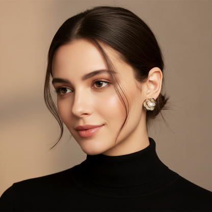 Woman wearing pearl flower earrings with wavy hair and neutral makeup