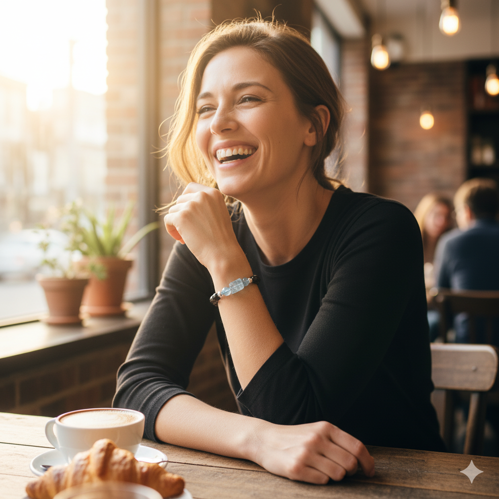 Woman laughing in a cozy cafe with a cup of coffee and croissant on the table.