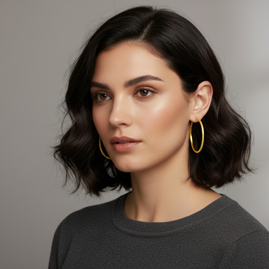 Woman wearing gold 45mm hammered hoop earrings with natural makeup and loose hair
