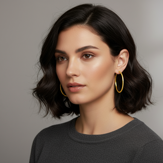Woman wearing gold 45mm hammered hoop earrings with natural makeup and loose hair
