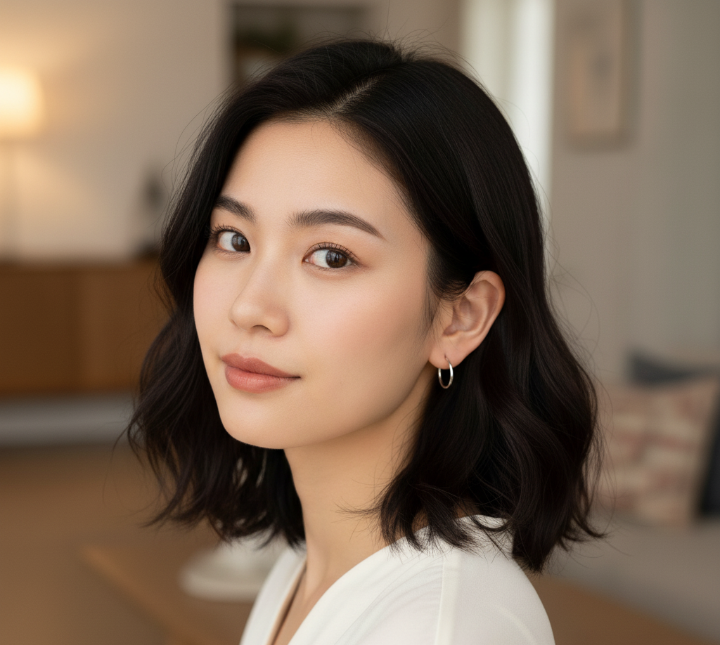 Woman wearing 30mm sterling silver hoop earrings with natural makeup and loose hair