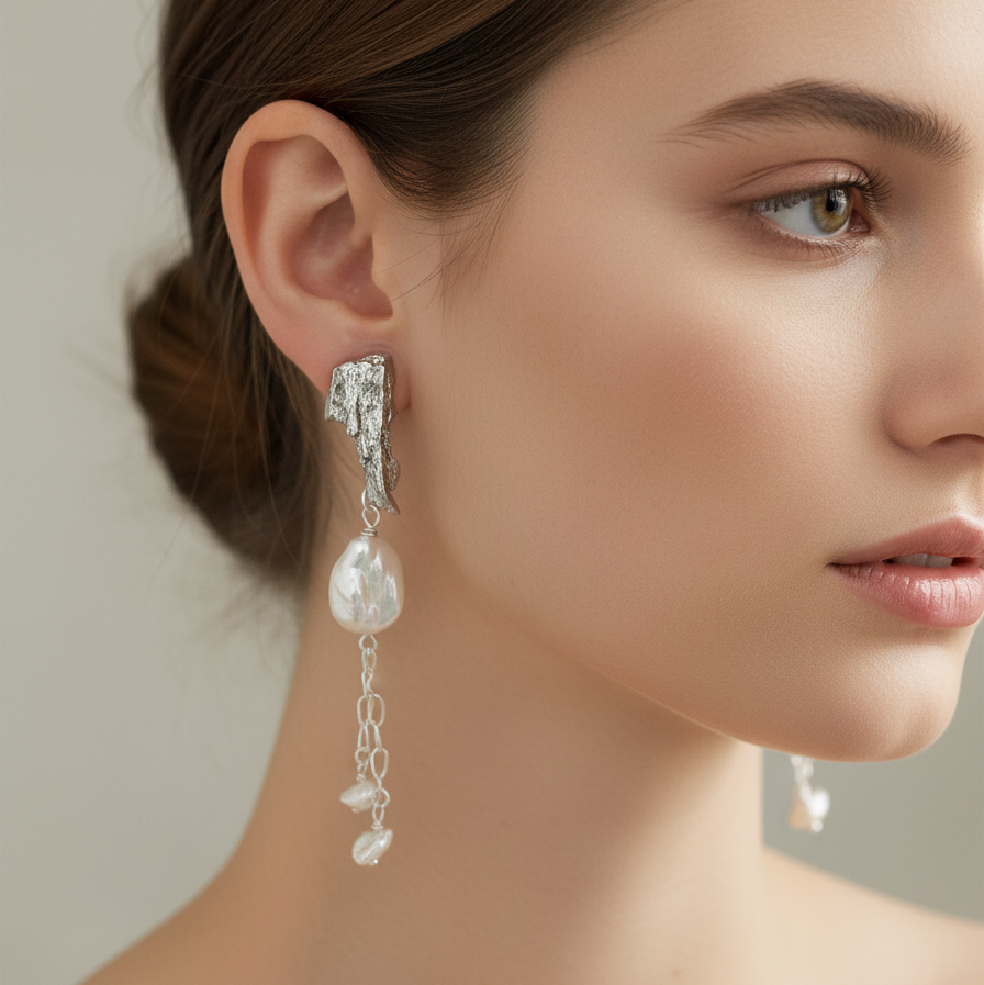 Woman wearing platinum and pearl earrings on ears
