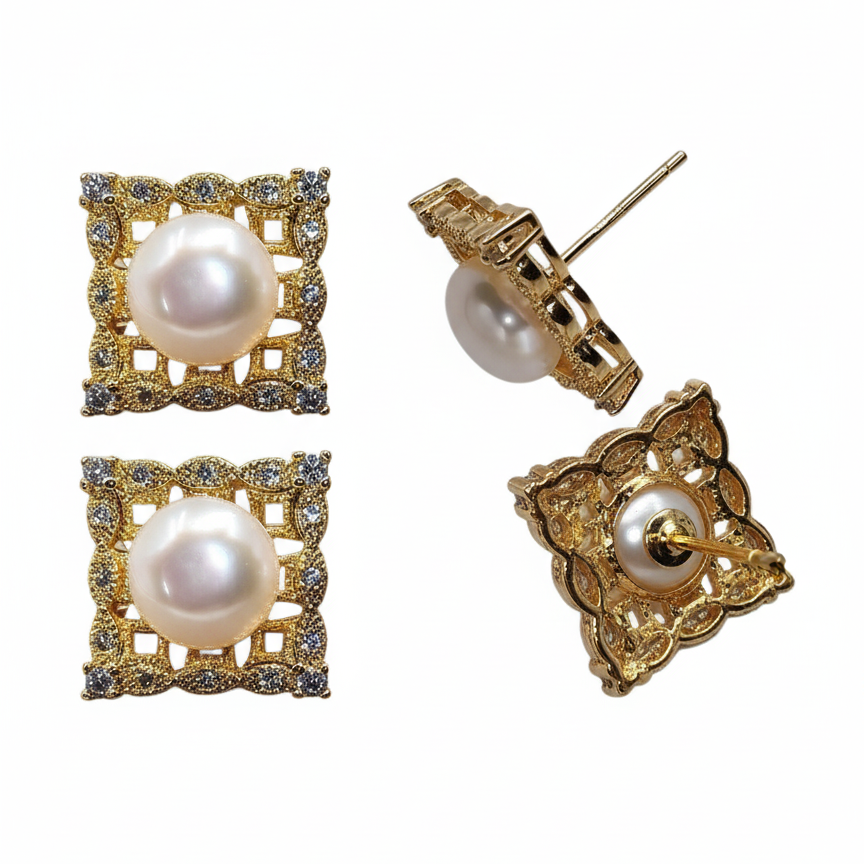 Brass earrings with silver needle, square lattice design, inlaid zirconia, and 7.5mm pearl