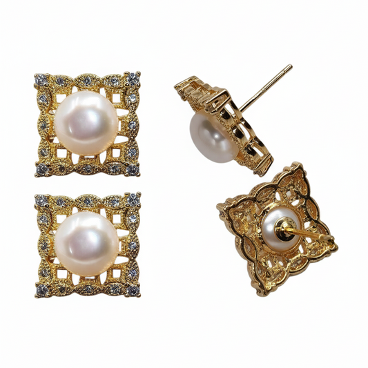 Brass earrings with silver needle, square lattice design, inlaid zirconia, and 7.5mm pearl