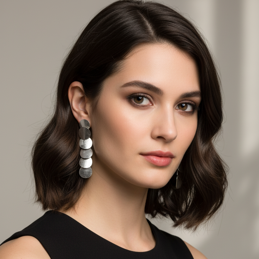 Woman wearing large hoop earrings against a neutral background