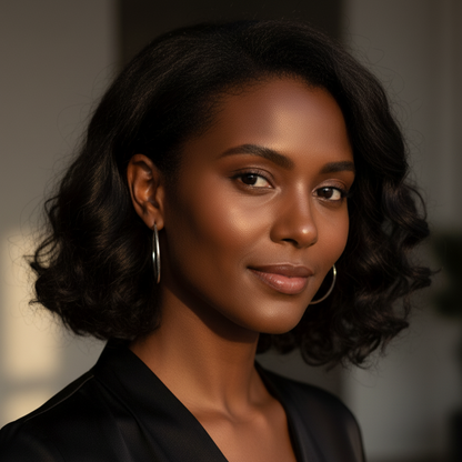Woman wearing 50mm sterling silver hoop earrings with natural makeup and loose hair