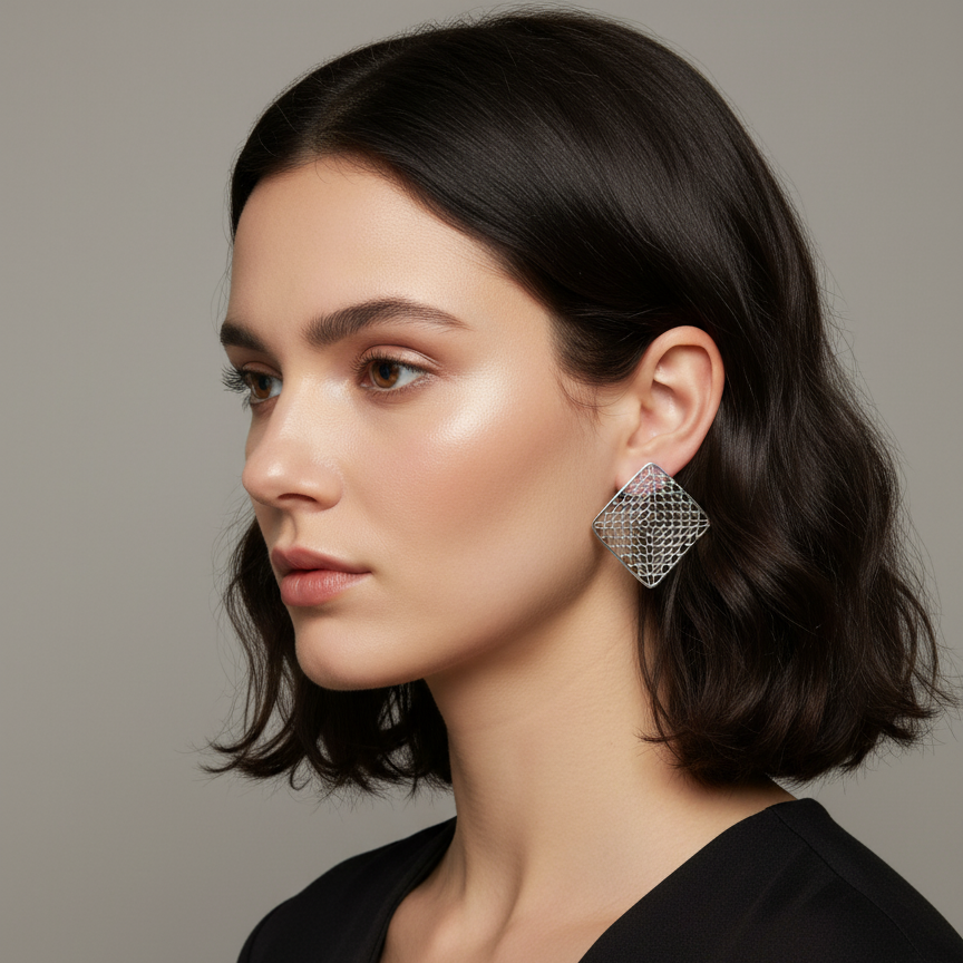 Woman wearing geometric mesh earrings with natural makeup and loose hair