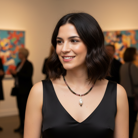 Woman wearing tourmaline and baroque pearl necklace with black dress
