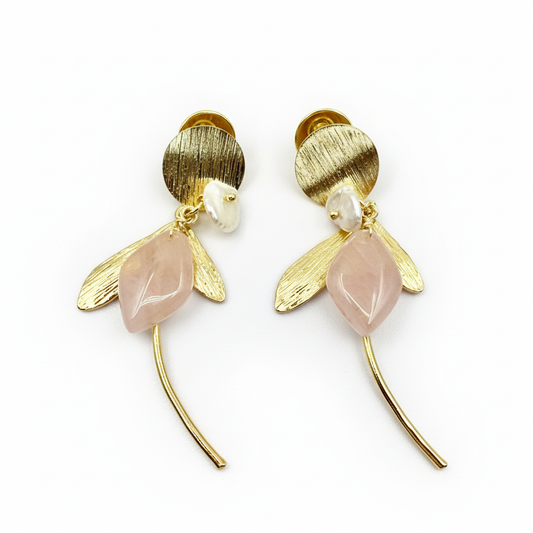 14k gold-plated leaf earrings with rose quartz and pearl dangle on white background