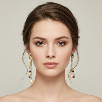 Woman wearing gold earrings with pearls against a neutral background