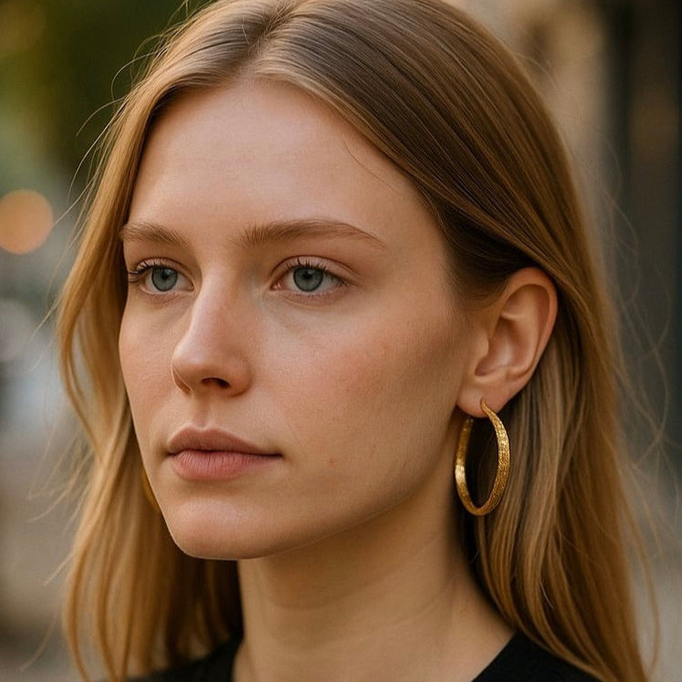 Woman wearing woven hoop earrings with soft waves and neutral makeup