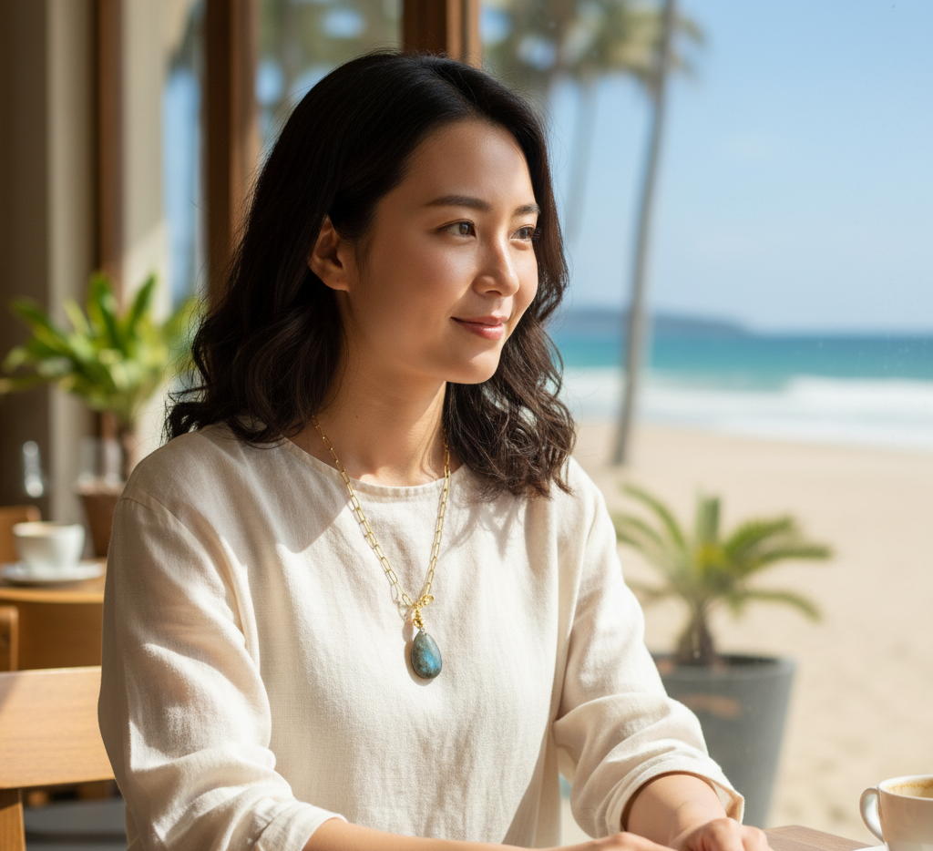 Woman sitting at a table with a scenic beach view in the background