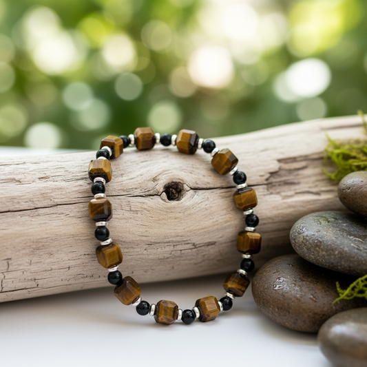 Beaded bracelet on a wooden log with blurred greenery in the background. Fugugemz