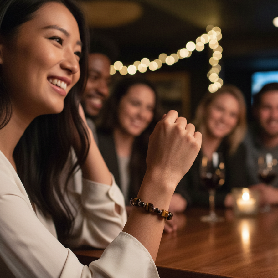 Image showing the full 15cm length of the tiger eye and obsidian beaded bracelet. Fugugemz