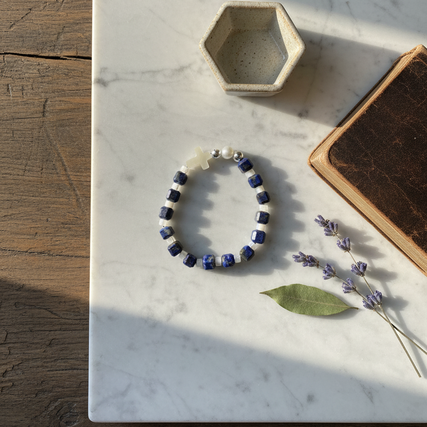 A 15cm stretch bracelet featuring blue lapis lazuli beads, a white cultured pearl, and a mother of pearl cross.