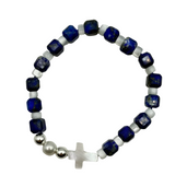 A 15cm stretch bracelet featuring blue lapis lazuli beads, a white cultured pearl, and a mother of pearl cross.