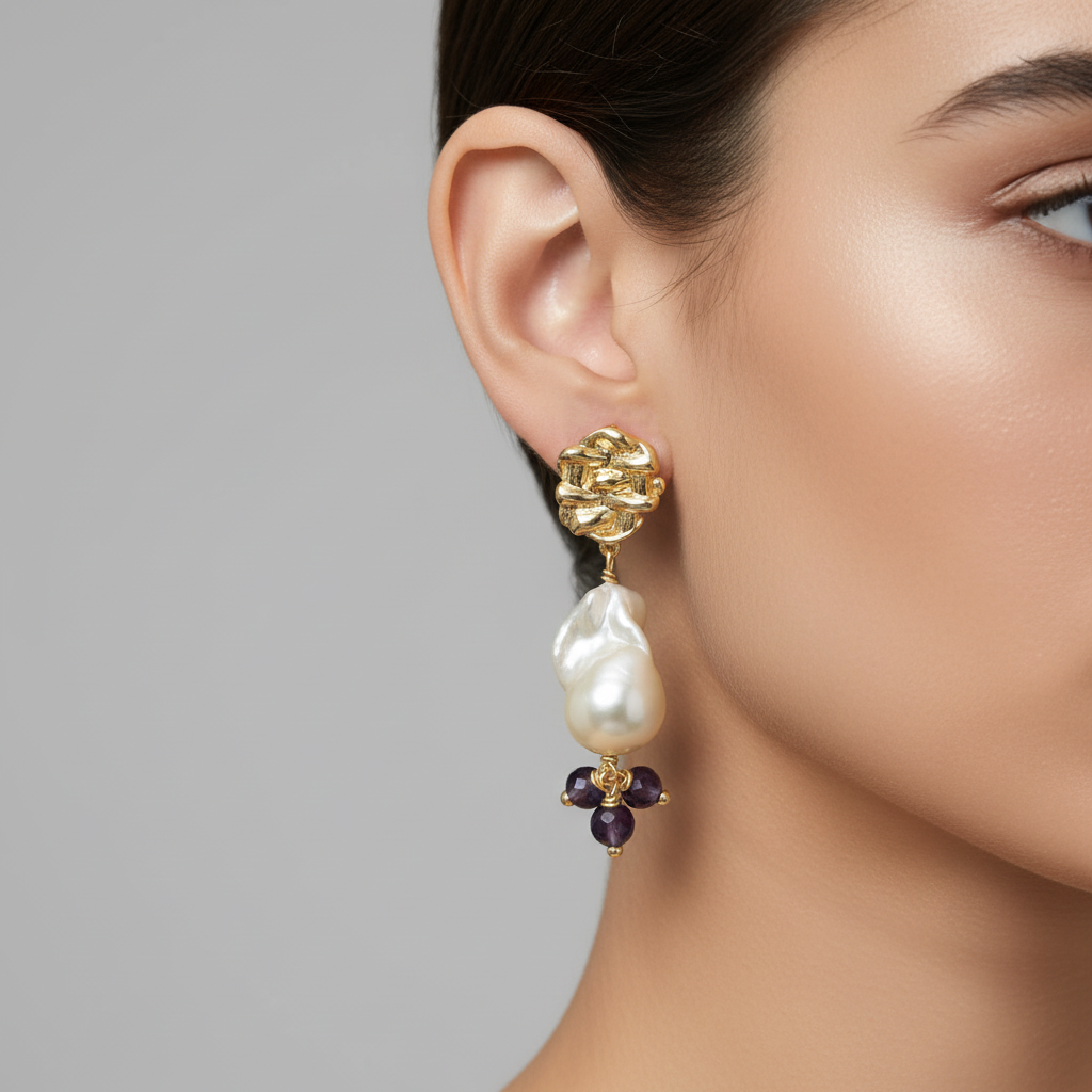 Gold earring with pearl and purple gemstone on a model against a gray background