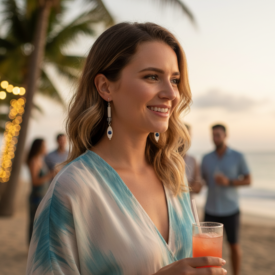 Image showing the full 76mm drop of the aquamarine and evil eye dangle earrings.