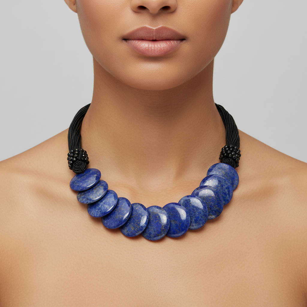 Woman wearing lapis lazuli necklace with black cord and tassel