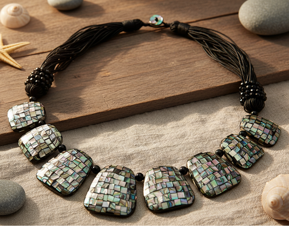 50cm large abalone shell necklace with mosaic pendant on background
