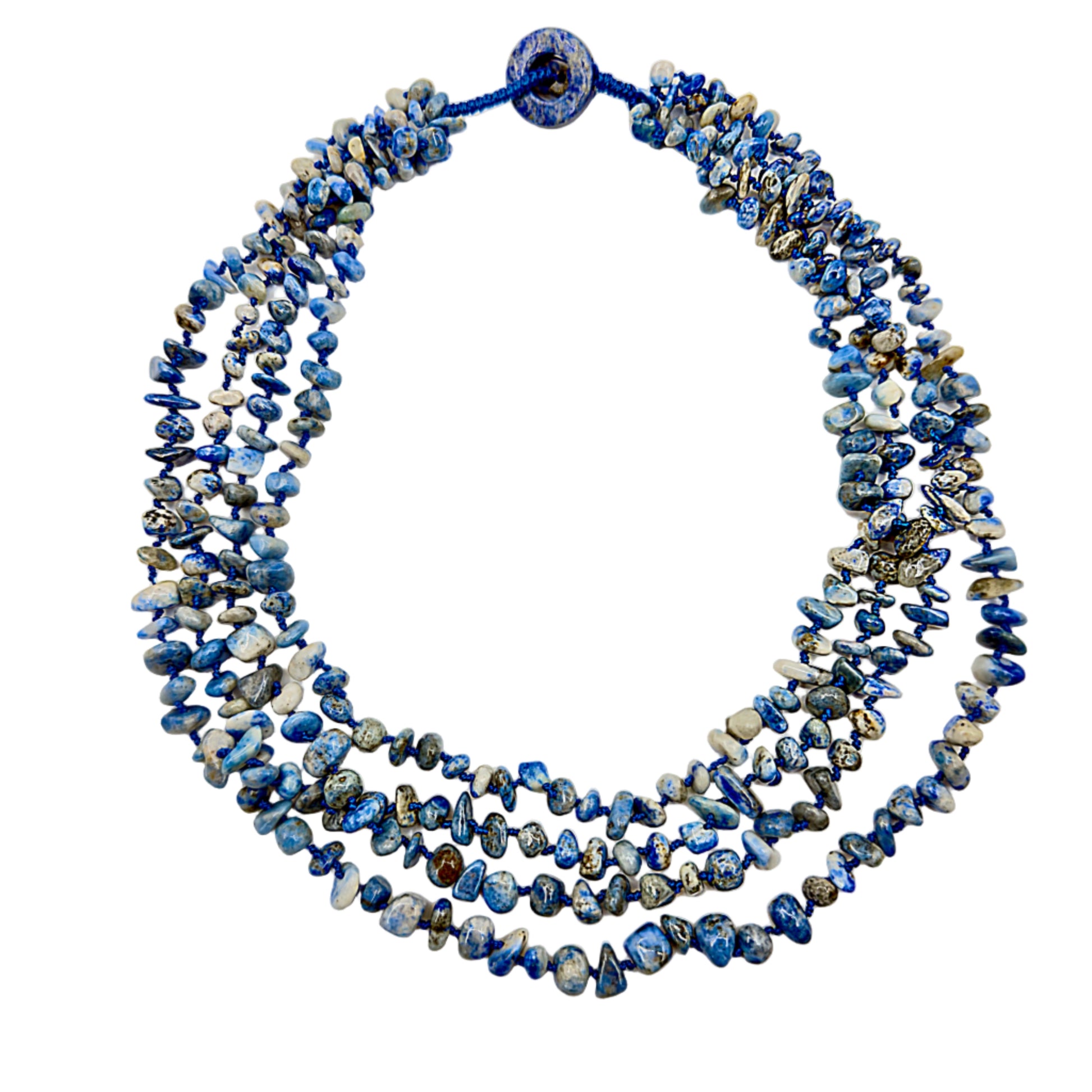 50cm large multi-layered blue/white shell necklace on white background
