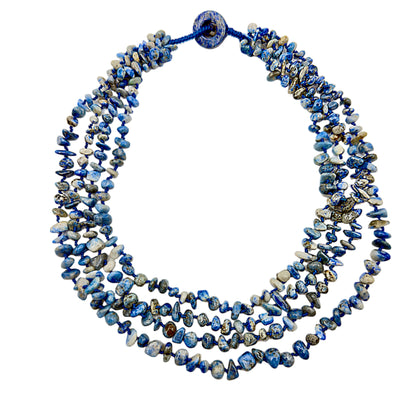50cm large multi-layered blue/white shell necklace on white background
