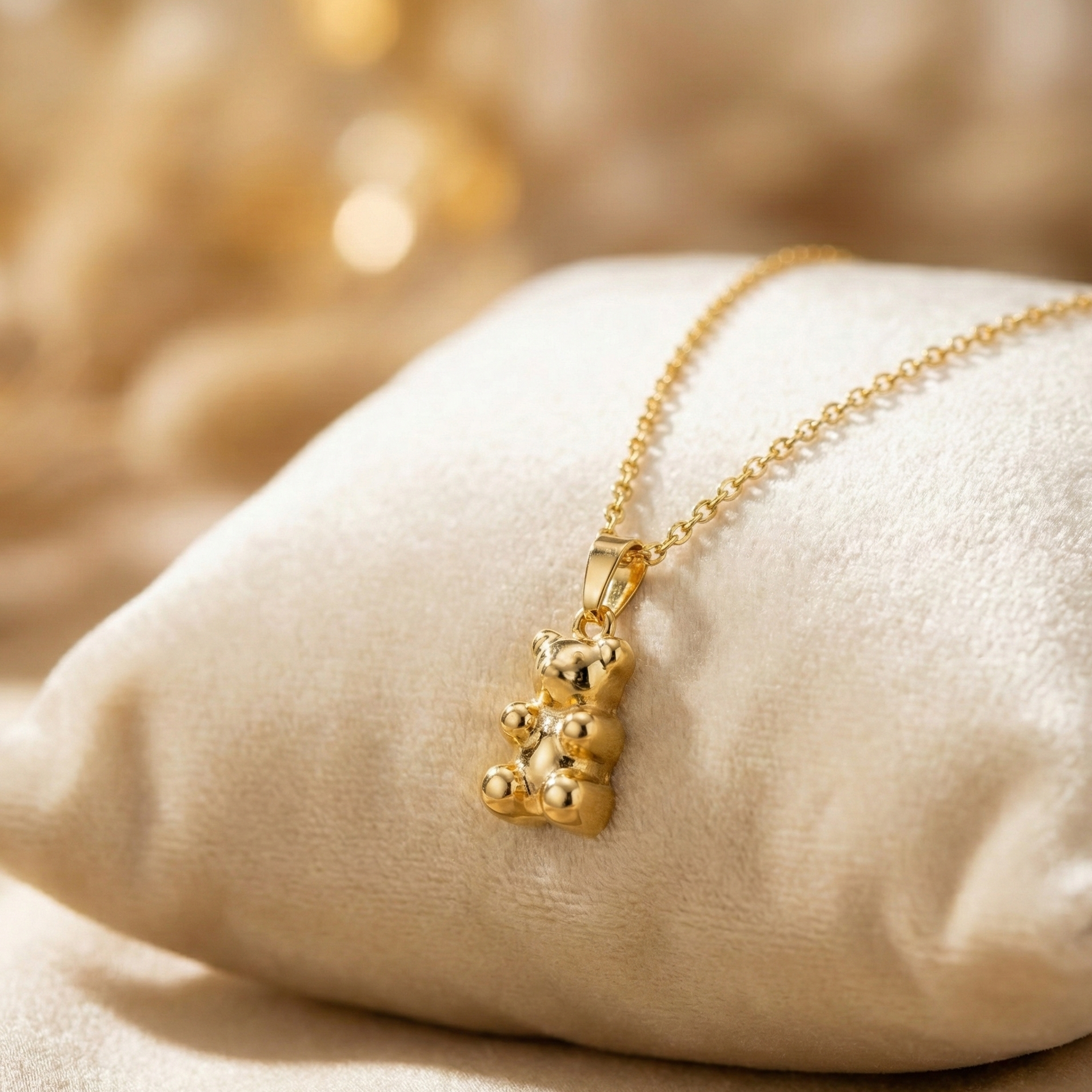Gold teddy bear pendant necklace on a soft beige surface with a blurred gold background