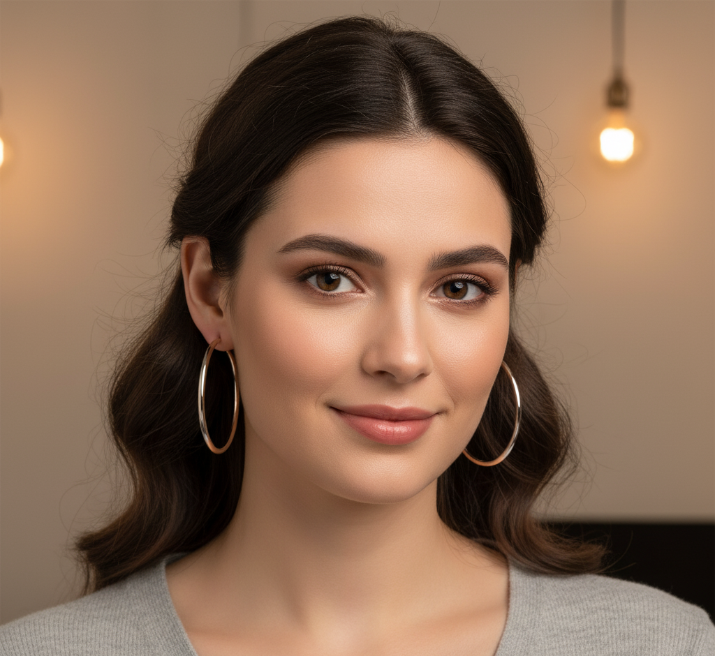 Woman wearing 60mm two-tone sterling silver hoop earrings with natural makeup and loose hair