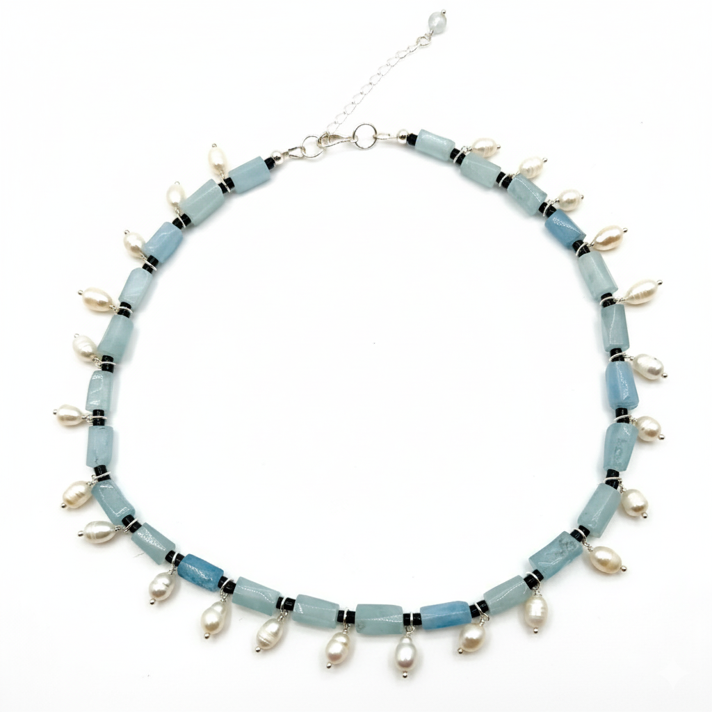 48cm necklace with aquamarine, obsidian, and freshwater pearls on white background
