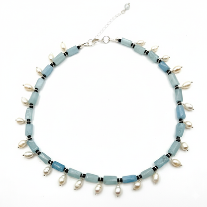 48cm necklace with aquamarine, obsidian, and freshwater pearls on white background
