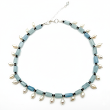 48cm necklace with aquamarine, obsidian, and freshwater pearls on white background
