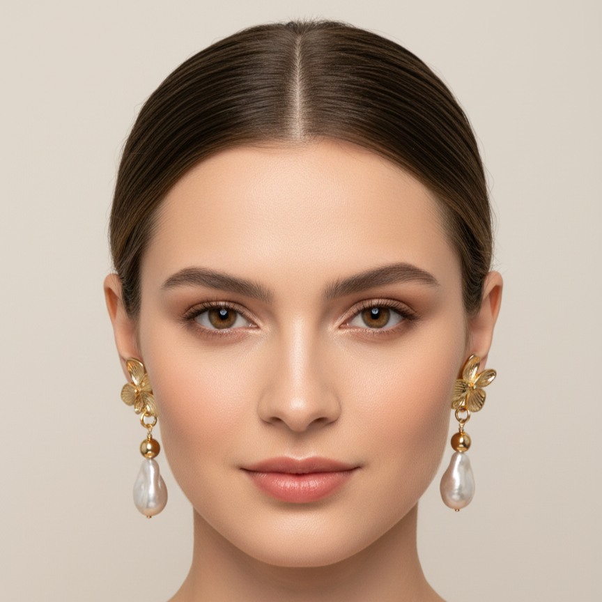 14k Gold-Plated Floral Dangle Earrings with Baroque Pearl