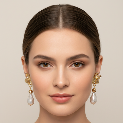 14k Gold-Plated Floral Dangle Earrings with Baroque Pearl