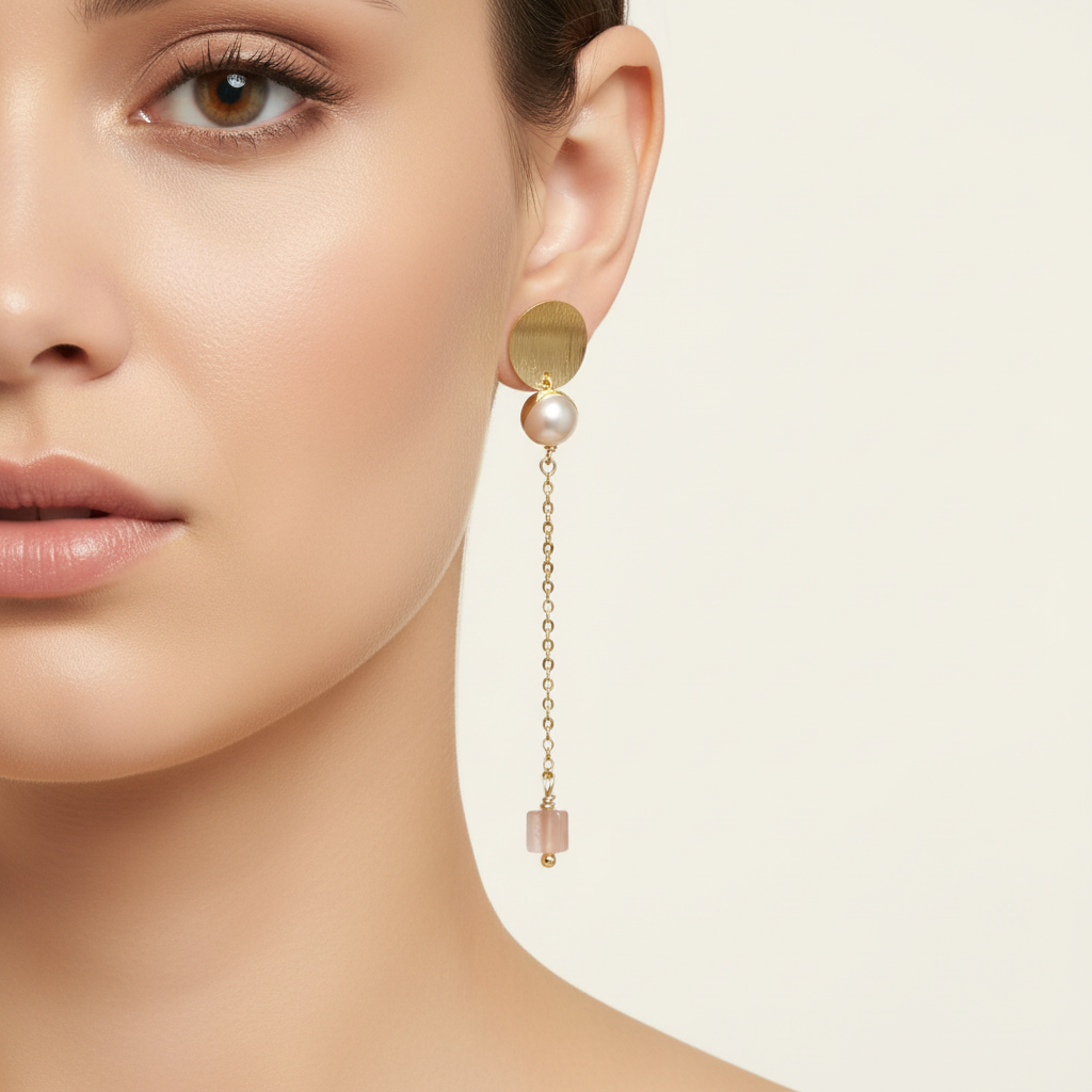 Woman wearing gold and pink gemstone earrings on ears
