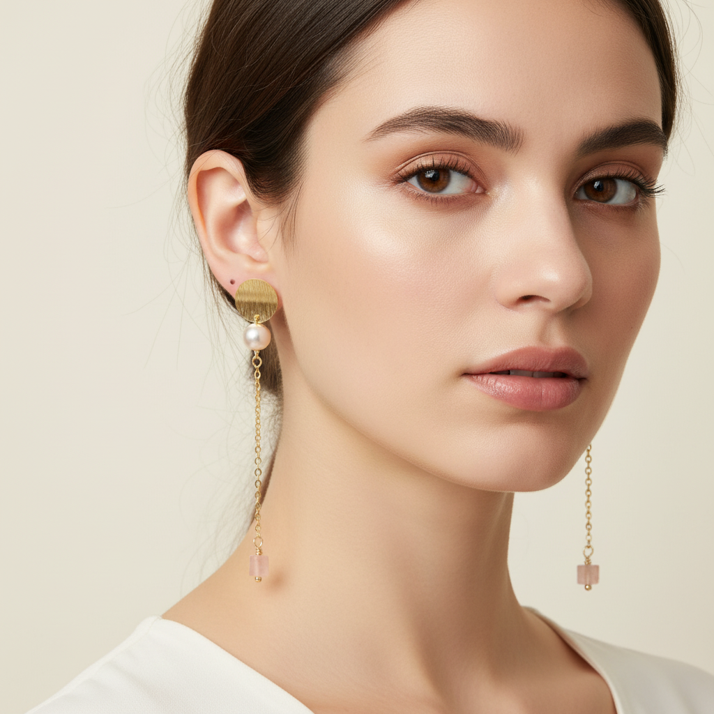 Close-up of a woman wearing gold earrings with pearls against a neutral background