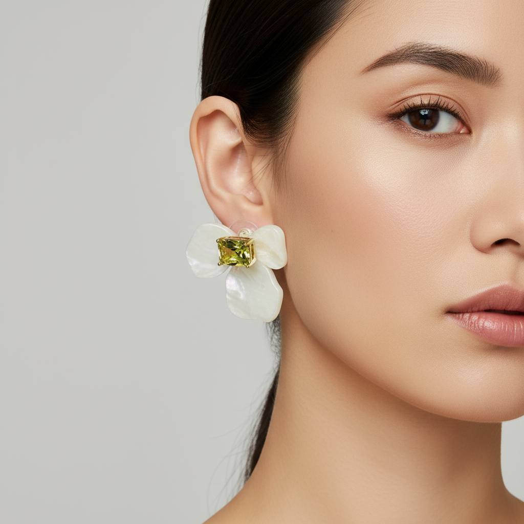 Woman wearing white resin floral stud earrings with soft waves and neutral makeup