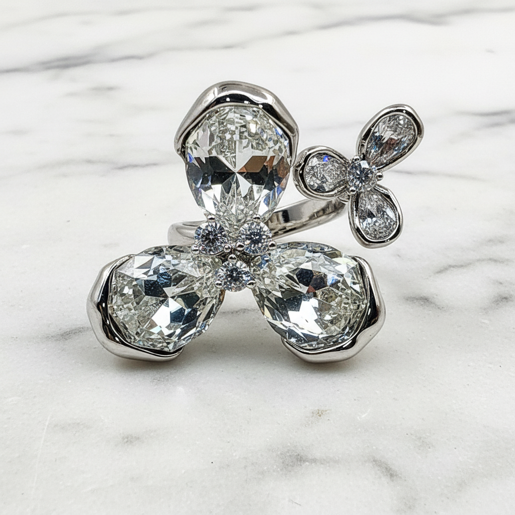 Double Flower Austrian Crystal Ring – Brass with Silver Plating