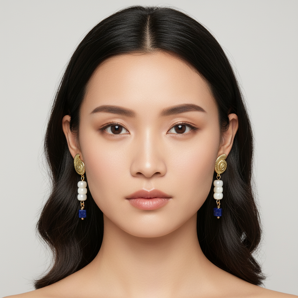 Woman wearing gold earrings with pearl and blue stone drops on a plain background
