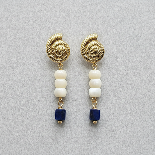 14k Gold-Plated Dangle Earrings with Shell and Lapis Cubes