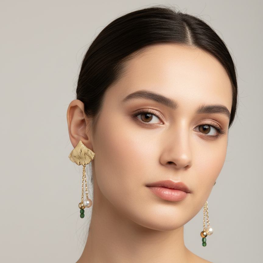 Woman wearing gold earrings with green gemstones against a neutral background