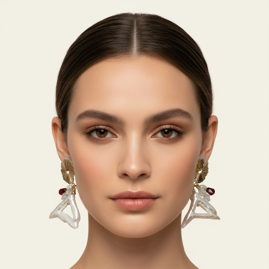 Woman wearing large, ornate earrings against a neutral background