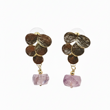Pair of earrings with gold leaf design and pink beads on a white background