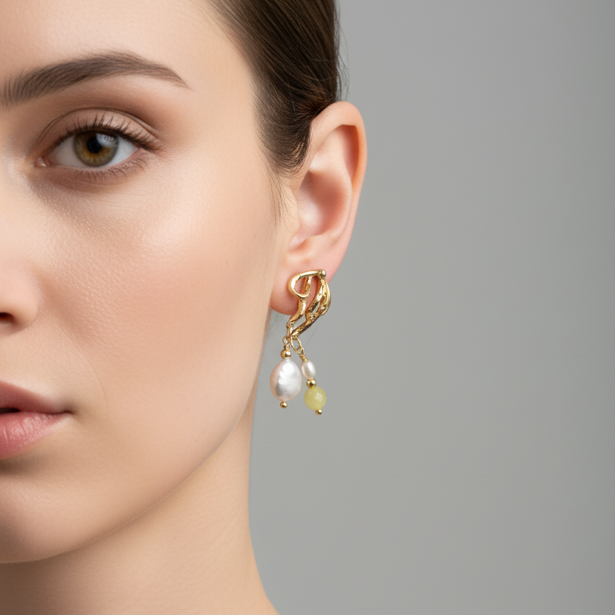 Woman wearing gold dangle earrings with baroque pearl and lemon quartz
Fugugemz